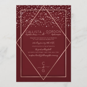 Burgundy Rote Rose Gold Confetti Geo Border Weddin Einladung