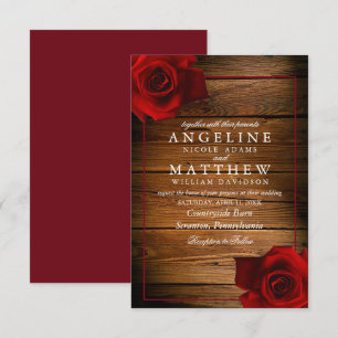 Burgundy Rote Rose Rustic Wood Wedding Einladung
