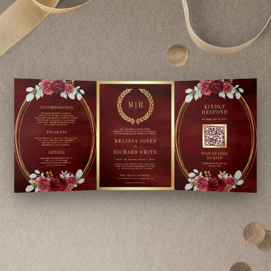 Burgundy-Rote Rosen alle in einem QR-Code Hochzeit Dreifach Gefaltete Einladung