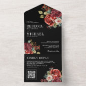 Burgundy Rote Rosen Floral QR Code Black Wedding All In One Einladung (Innen Boden)