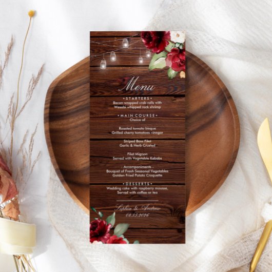 Burgundy Rote Rosen Rustic Wood Wedding Menu Menükarte
