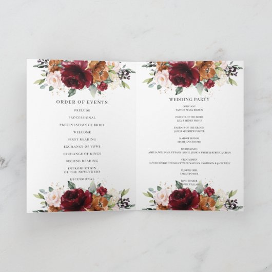 Burgundy Rust Blush Bloral Gold Hochzeitsprogramm Programm (Innenseite)