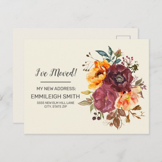 Burgundy Rust Orange Floral Change Address Ankündigungspostkarte (Vorne/Hinten)