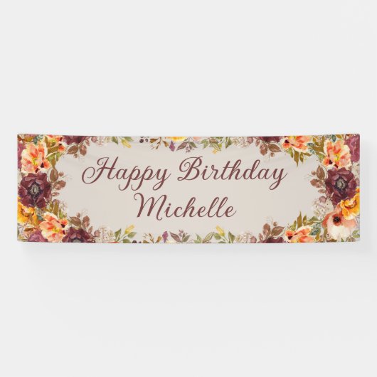 Burgundy Rust Orange Floral Happy Birthday Banner (Horizontal)