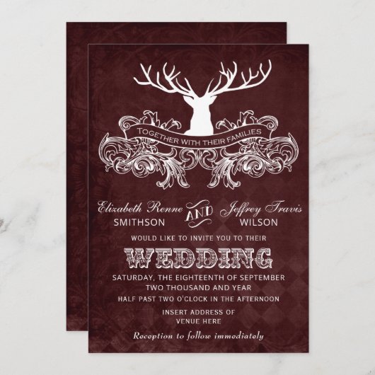 Burgundy Rustic Antler Deer Woodland Wedding Einladung (Vorne/Hinten)