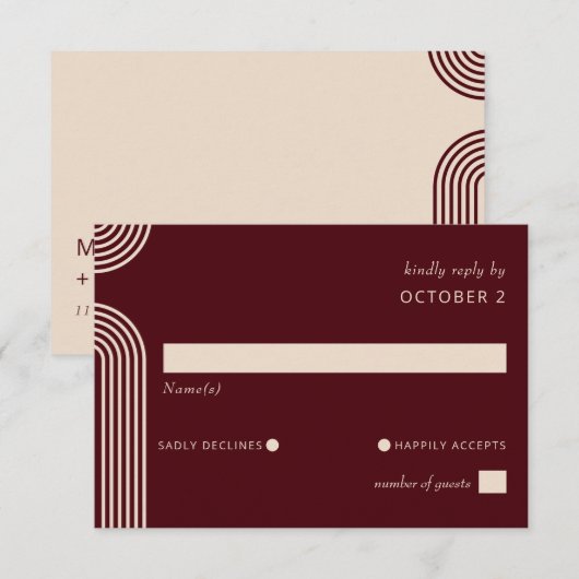 Burgundy Rustic Boho Arched Modern Wedding RSVP Karte (Vorne/Hinten)