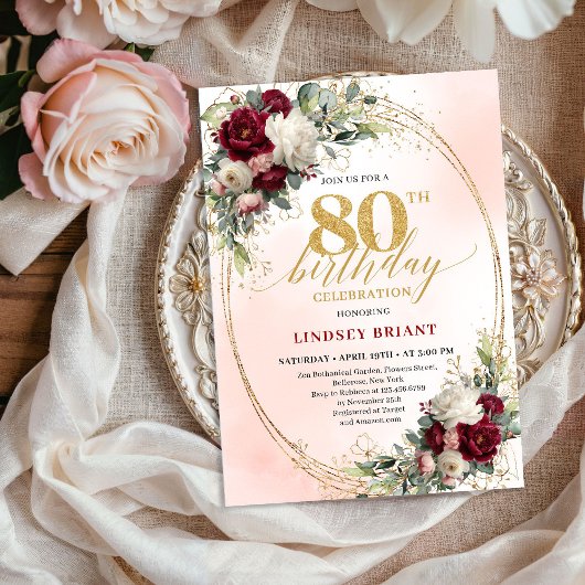 Burgundy Rustic Boho Floral 80th Birthday Invite Einladung