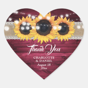 Burgundy Rustic Burlap Lace Sunflower Wedding Herz-Aufkleber