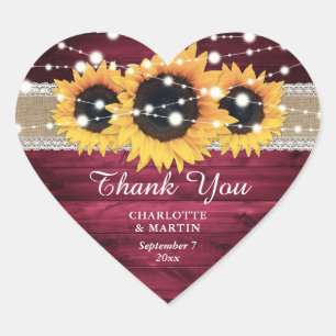 Burgundy Rustic Burlap Lace Sunflower Wedding Herz-Aufkleber