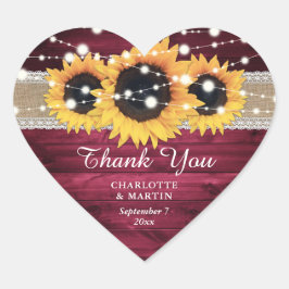 Burgundy Rustic Burlap Lace Sunflower Wedding Herz-Aufkleber