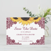 Burgundy Rustic Chic Sonnenblumen Hochzeit Save The Date (Stehend Vorderseite)