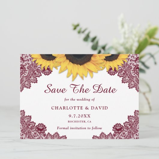 Burgundy Rustic Chic Sonnenblumen Hochzeit Save The Date (Stehend Vorderseite)