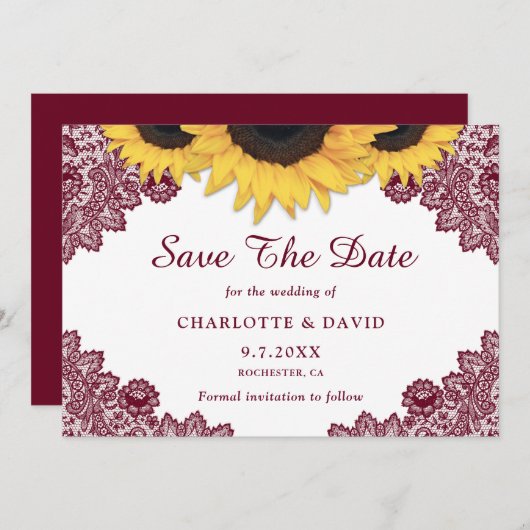 Burgundy Rustic Chic Sonnenblumen Hochzeit Save The Date (Vorne/Hinten)