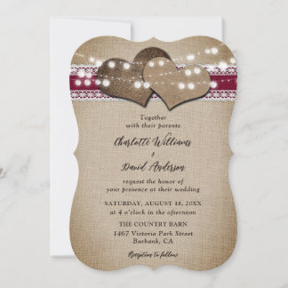 Burgundy Rustic Country Burlap Lace Wedding Einladung