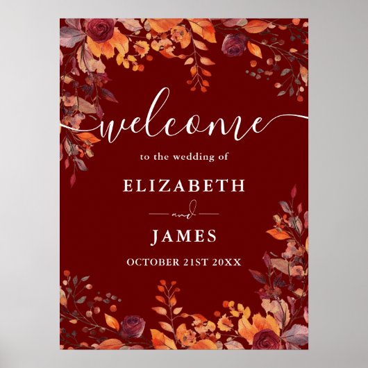 Burgundy Rustic Floral Fall Wedding Welcome Sign Poster (Vorne)
