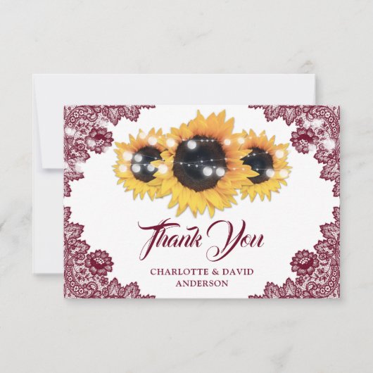 Burgundy Rustic Floral Lace Sunflower Wedding Dankeskarte (Vorderseite)