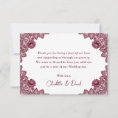 Burgundy Rustic Floral Lace Sunflower Wedding Dankeskarte (Rückseite)