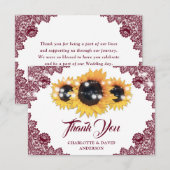 Burgundy Rustic Floral Lace Sunflower Wedding Dankeskarte (Vorne/Hinten)