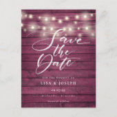 Burgundy Rustic Holzwinger Leuchten Save the Date Postkarte (Vorderseite)
