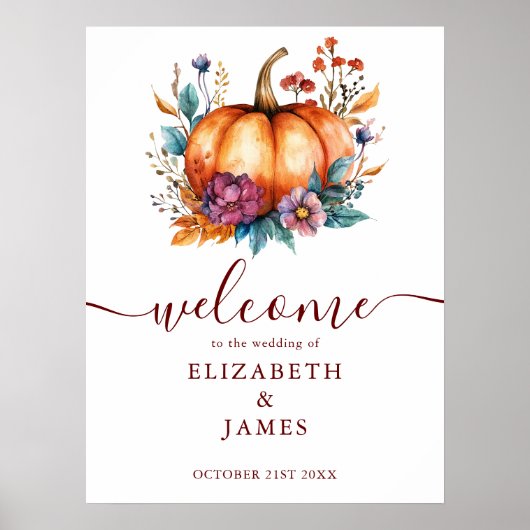 Burgundy Rustic Pumpkin Wedding Welcome Sign Poster (Vorne)