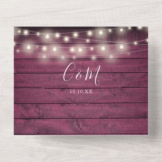 Burgundy Rustic QR Code Mason Jars Lights Hochzeit All In One Einladung (Rückseite)