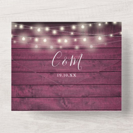 Burgundy Rustic String Lights QR Code Wedding All In One Einladung (Rückseite)