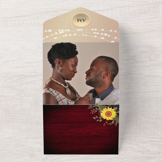 Burgundy Rustic String Lights Sonnenblumenhochzeit All In One Einladung (Außenbereich)