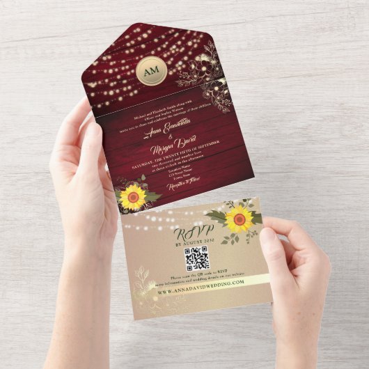 Burgundy Rustic String Lights Sonnenblumenhochzeit All In One Einladung (Abreißen)