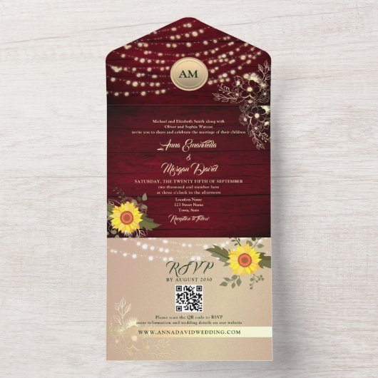 Burgundy Rustic String Lights Sonnenblumenhochzeit All In One Einladung (Innen Boden)