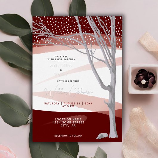 Burgundy Rustic Winter Tree Watercolor Wedding Folieneinladung