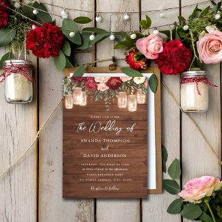 Burgundy Rustic Wood Floral Lights Hochzeit Einladung
