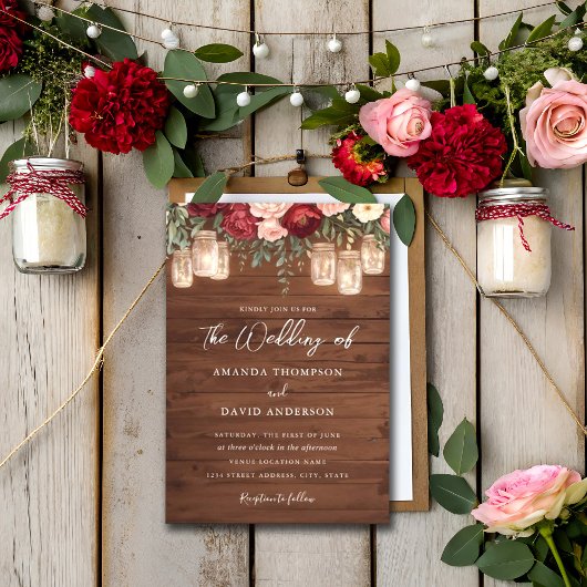 Burgundy Rustic Wood Floral Lights Hochzeit Einladung