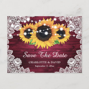 Burgundy Rustic Wood Lace Sunflower Save the Date Ankündigungspostkarte