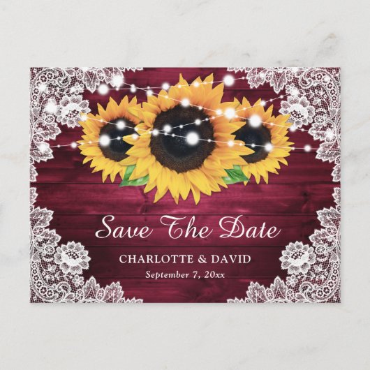 Burgundy Rustic Wood Lace Sunflower Save the Date Ankündigungspostkarte (Vorderseite)