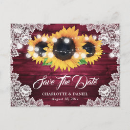 Burgundy Rustic Wood Lace Sunflower Save the Date Ankündigungspostkarte