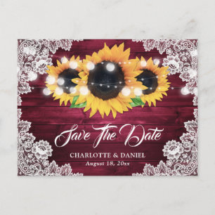 Burgundy Rustic Wood Lace Sunflower Save the Date Ankündigungspostkarte