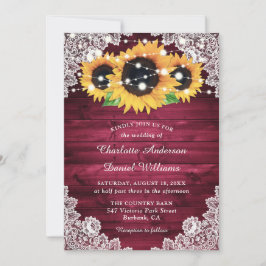 Burgundy Rustic Wood Lace Sunflower Wedding Einladung