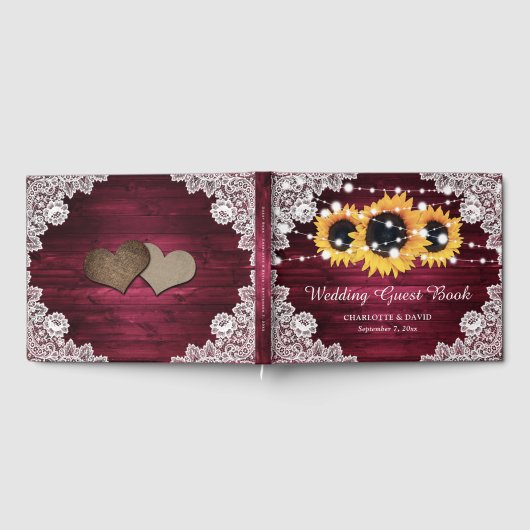 Burgundy Rustic Wood Lace Sunflower Wedding Gästebuch (Voll)