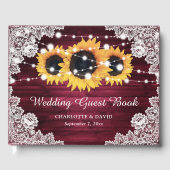 Burgundy Rustic Wood Lace Sunflower Wedding Gästebuch (Vorderseite)