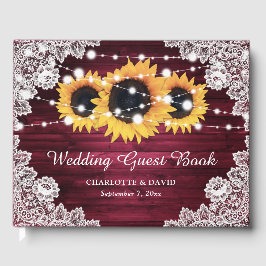 Burgundy Rustic Wood Lace Sunflower Wedding Gästebuch