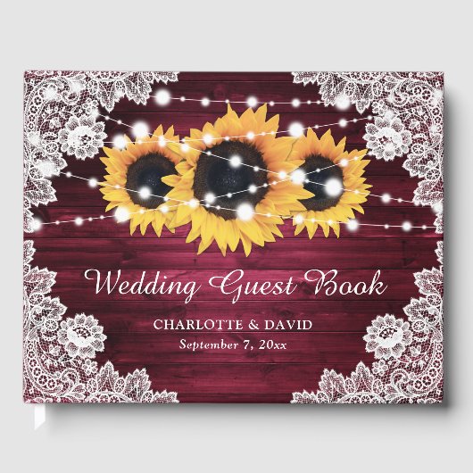 Burgundy Rustic Wood Lace Sunflower Wedding Gästebuch (Vorderseite)
