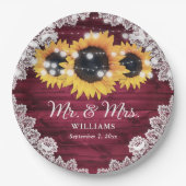 Burgundy Rustic Wood Lace Sunflower Wedding Pappteller (Vorderseite)