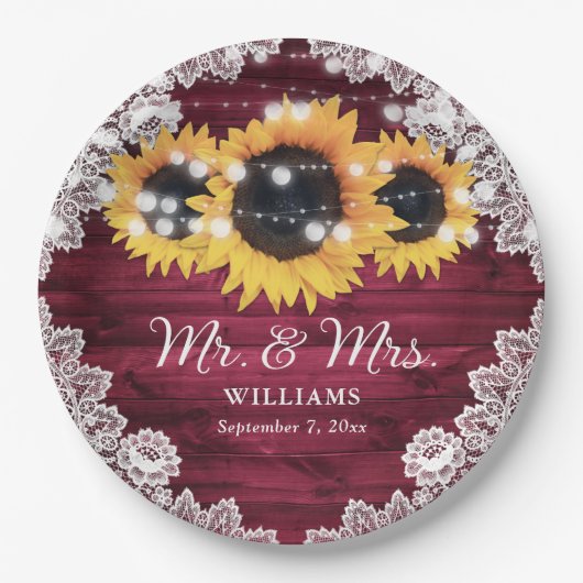 Burgundy Rustic Wood Lace Sunflower Wedding Pappteller (Vorderseite)