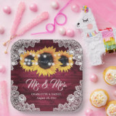 Burgundy Rustic Wood Lace Sunflower Wedding Pappteller (Party)