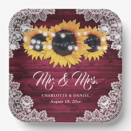 Burgundy Rustic Wood Lace Sunflower Wedding Pappteller (Vorderseite)