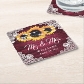 Burgundy Rustic Wood Lace Sunflower Wedding Rechteckiger Pappuntersetzer (angewinkelt)