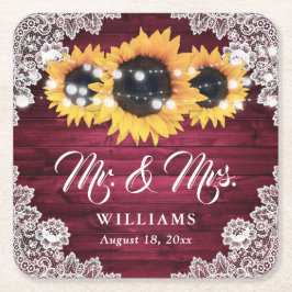 Burgundy Rustic Wood Lace Sunflower Wedding Rechteckiger Pappuntersetzer