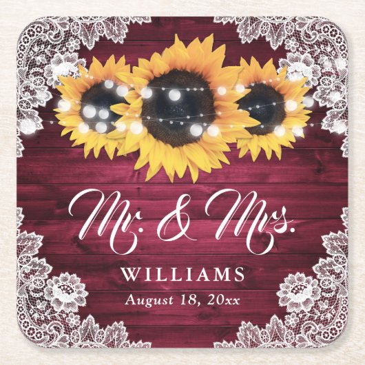 Burgundy Rustic Wood Lace Sunflower Wedding Rechteckiger Pappuntersetzer (Vorderseite)