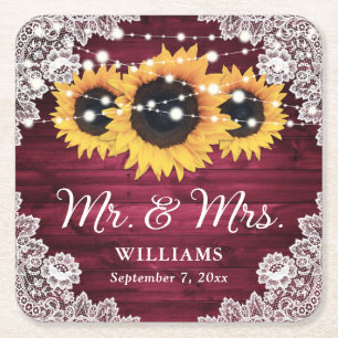 Burgundy Rustic Wood Lace Sunflower Wedding Rechteckiger Pappuntersetzer
