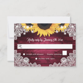 Burgundy Rustic Wood Lace Sunflower Wedding RSVP Karte